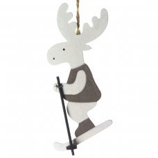 Χριστουγεννιάτικo Κρεμαστό Ξύλινο Ταρανδάκι Σκιέρ, Λευκό (12cm)